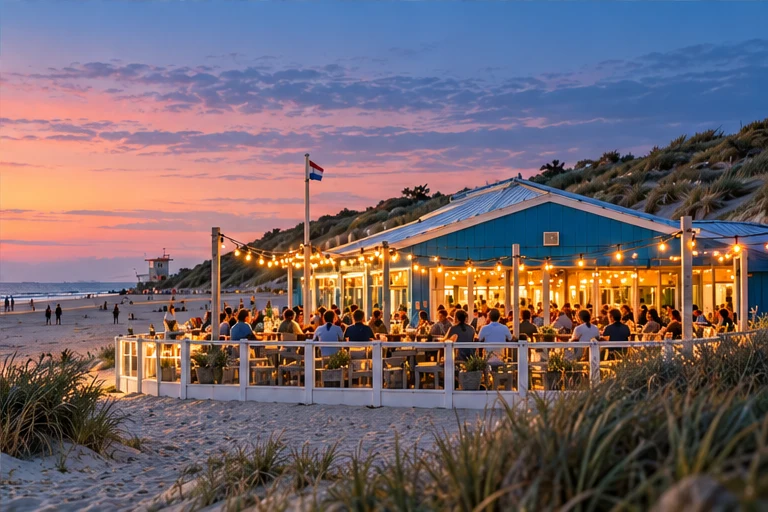 Het blauwe paviljoen in de schemering, met gasten op het warm verlichte terras