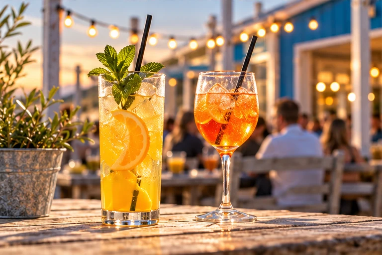 Frisse cocktails voor het blauwe paviljoen, onder de warme terraslampjes