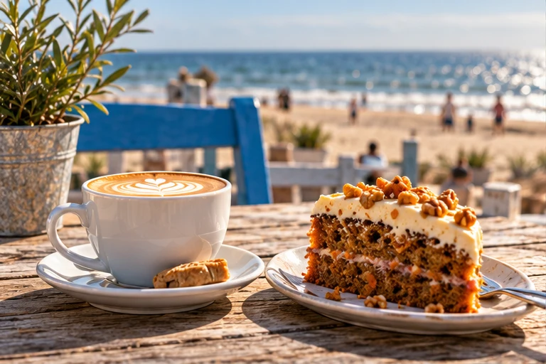 Cappuccino en huisgemaakt gebak op een houten tafel aan zee