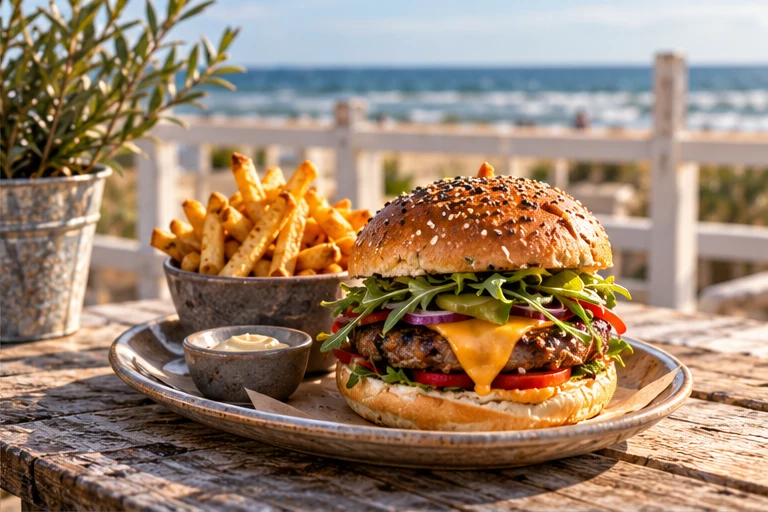 Een burger met friet op het zonnige strandterras