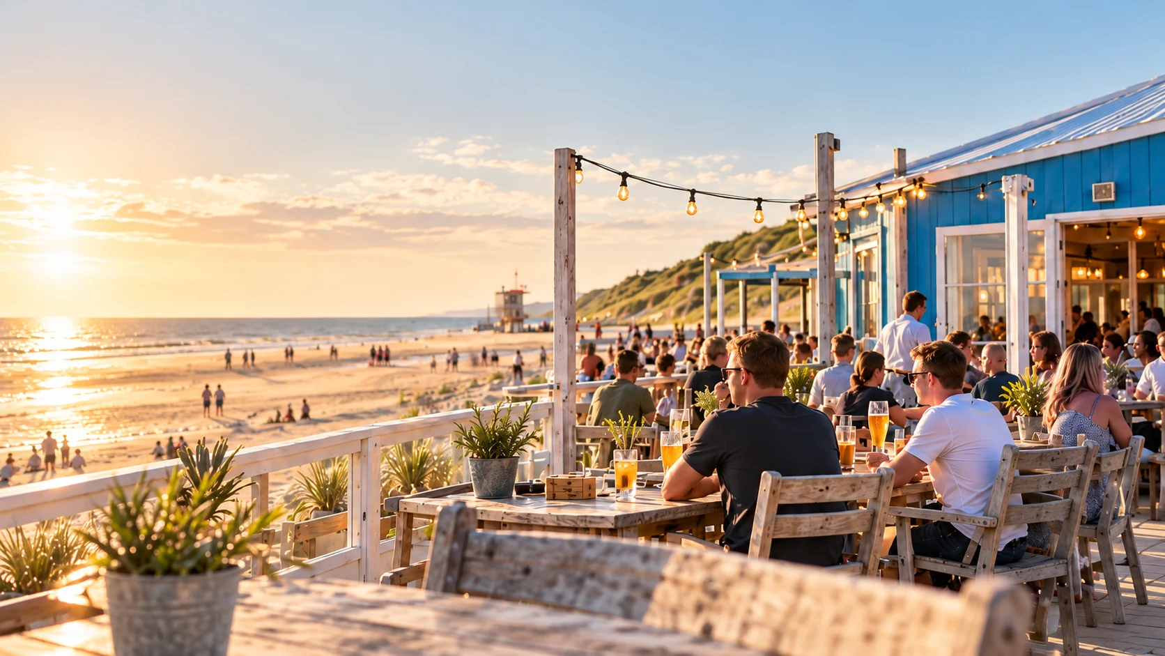 Gasten genieten op het houten terras bij het blauwe paviljoen, met uitzicht op het strand in de avondzon