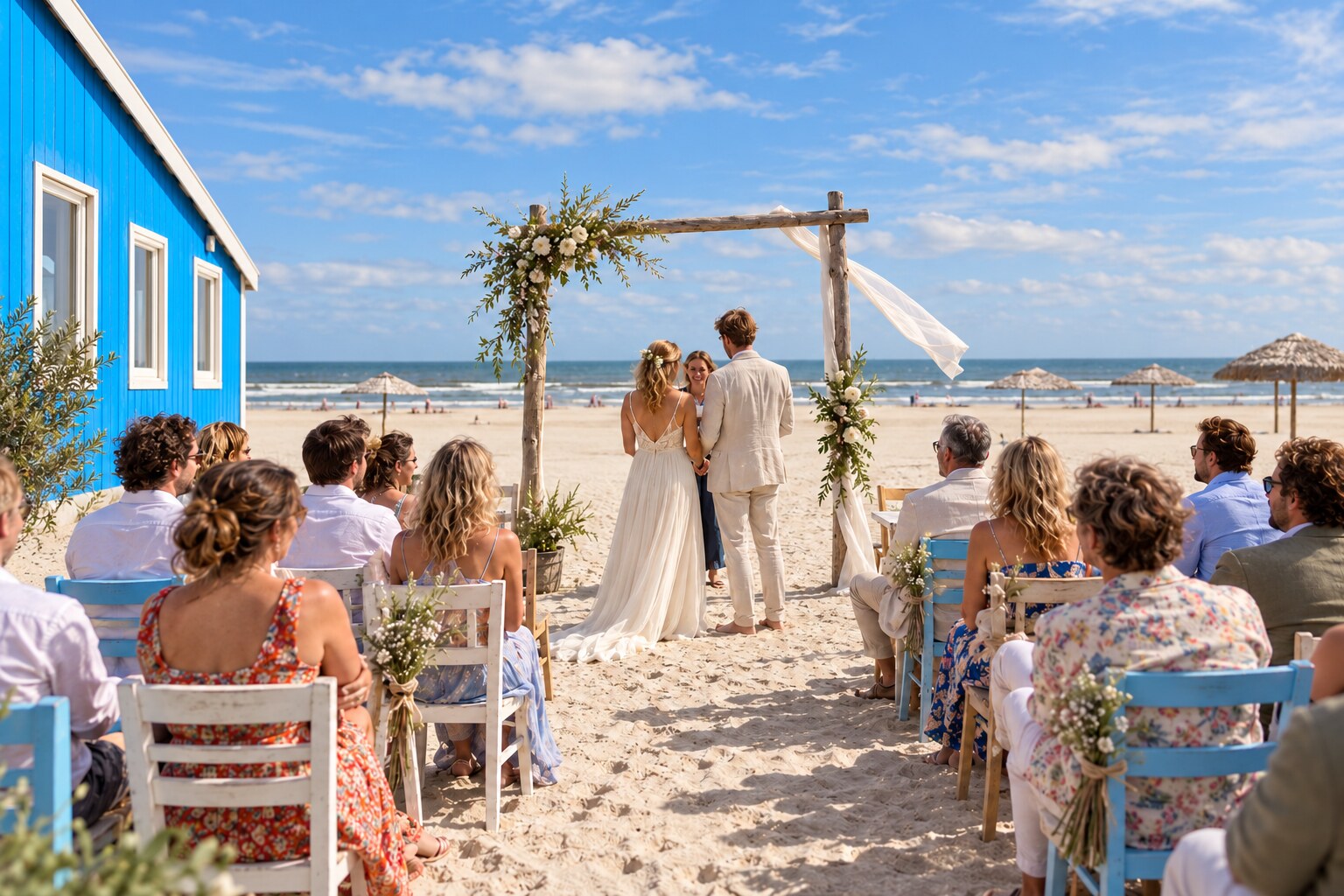 Een bruidspaar en hun gasten tijdens een ceremonie op het strand bij het blauwe paviljoen