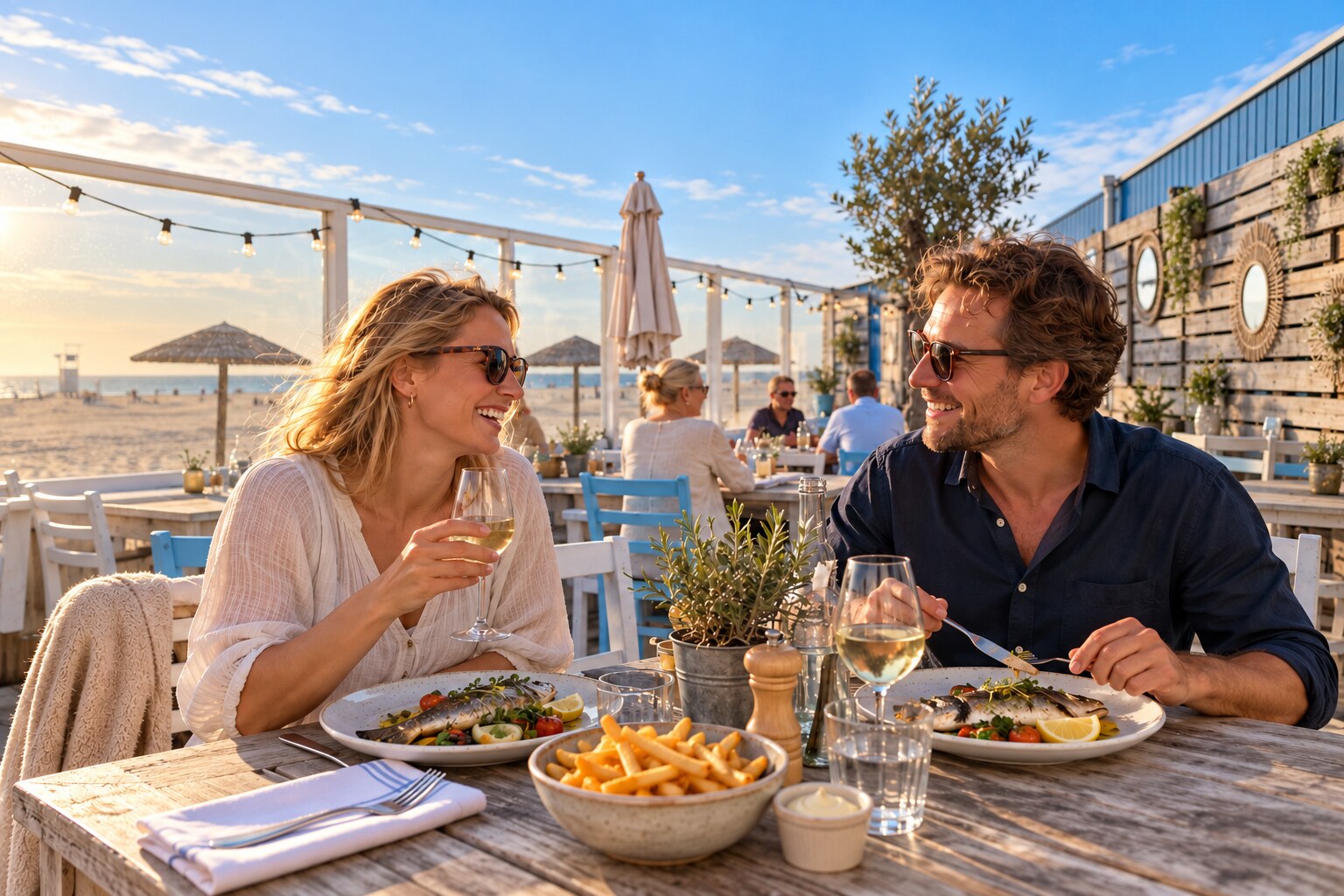Samen dineren op het terras met vis, friet en uitzicht op de Noordzee
