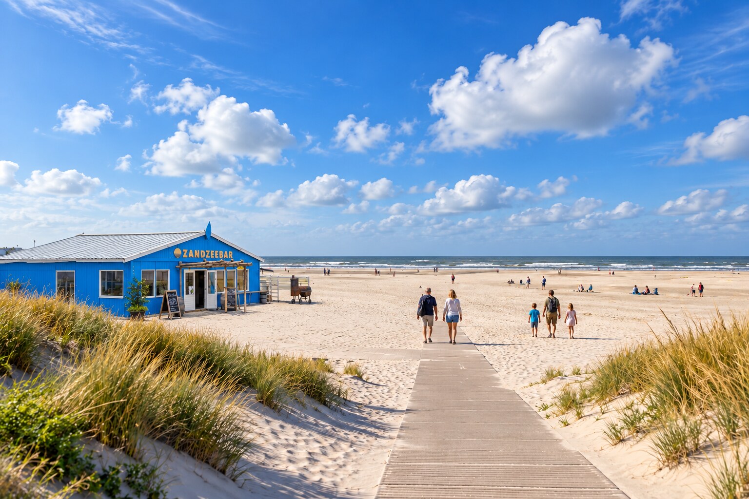 Het brede zandstrand van Formerum aan Zee met wandelaars en het blauwe paviljoen