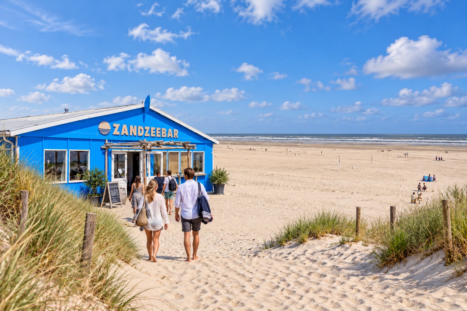 Het blauwe paviljoen van de ZandZeeBar aan het brede strand van Formerum aan Zee