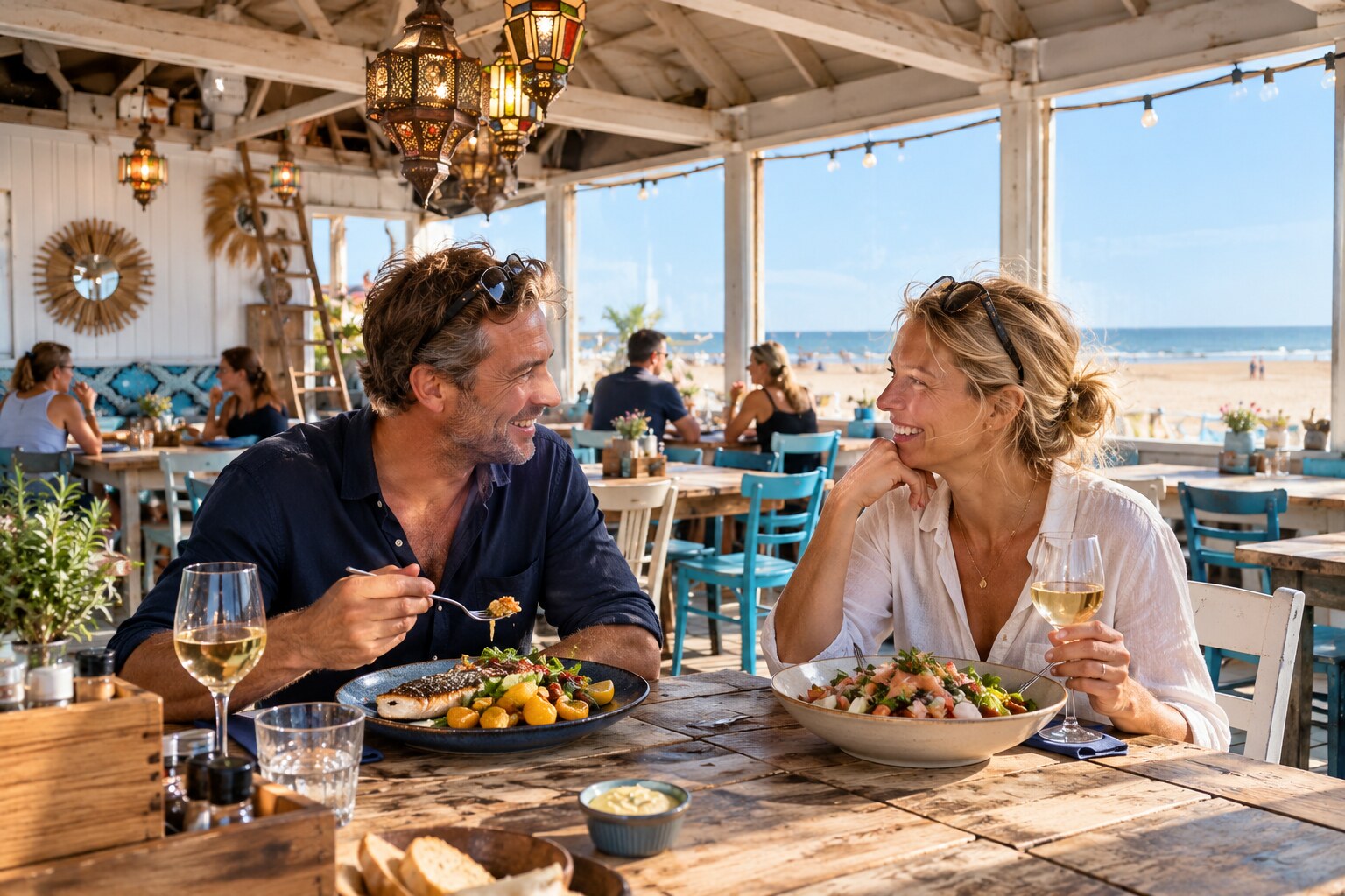 Een stel eet samen in het strandrestaurant met uitzicht op het strand en de zee