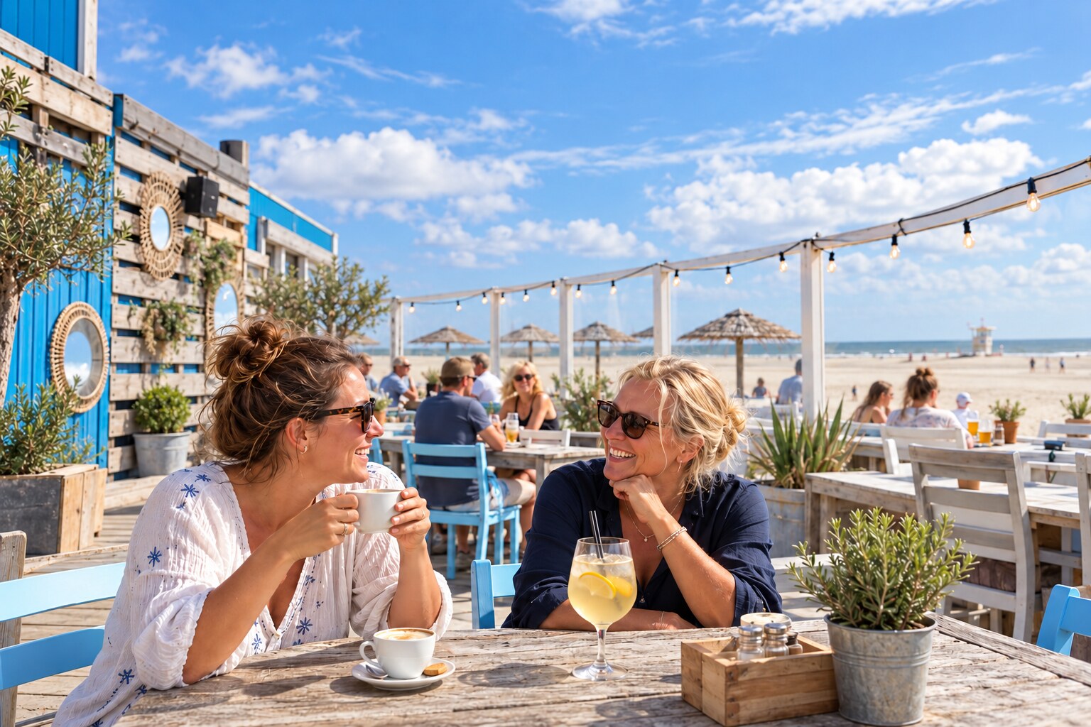 Twee vriendinnen genieten van het zonnige terras met uitzicht op het strand