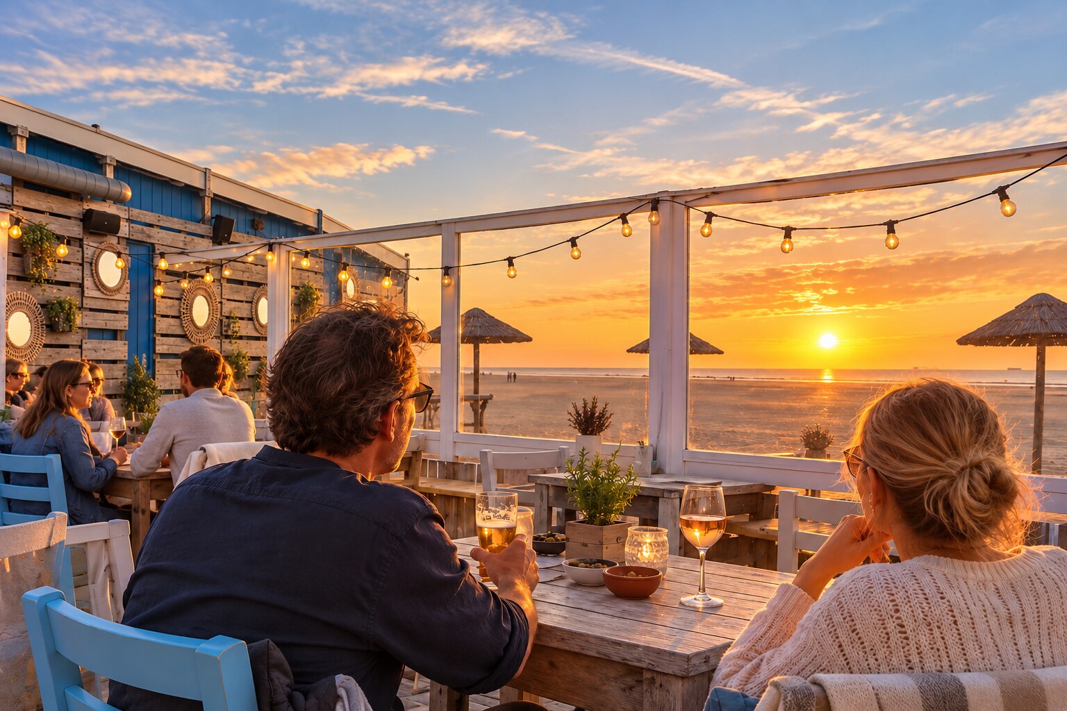 Vanaf het terras kijken gasten naar de zonsondergang boven de Noordzee